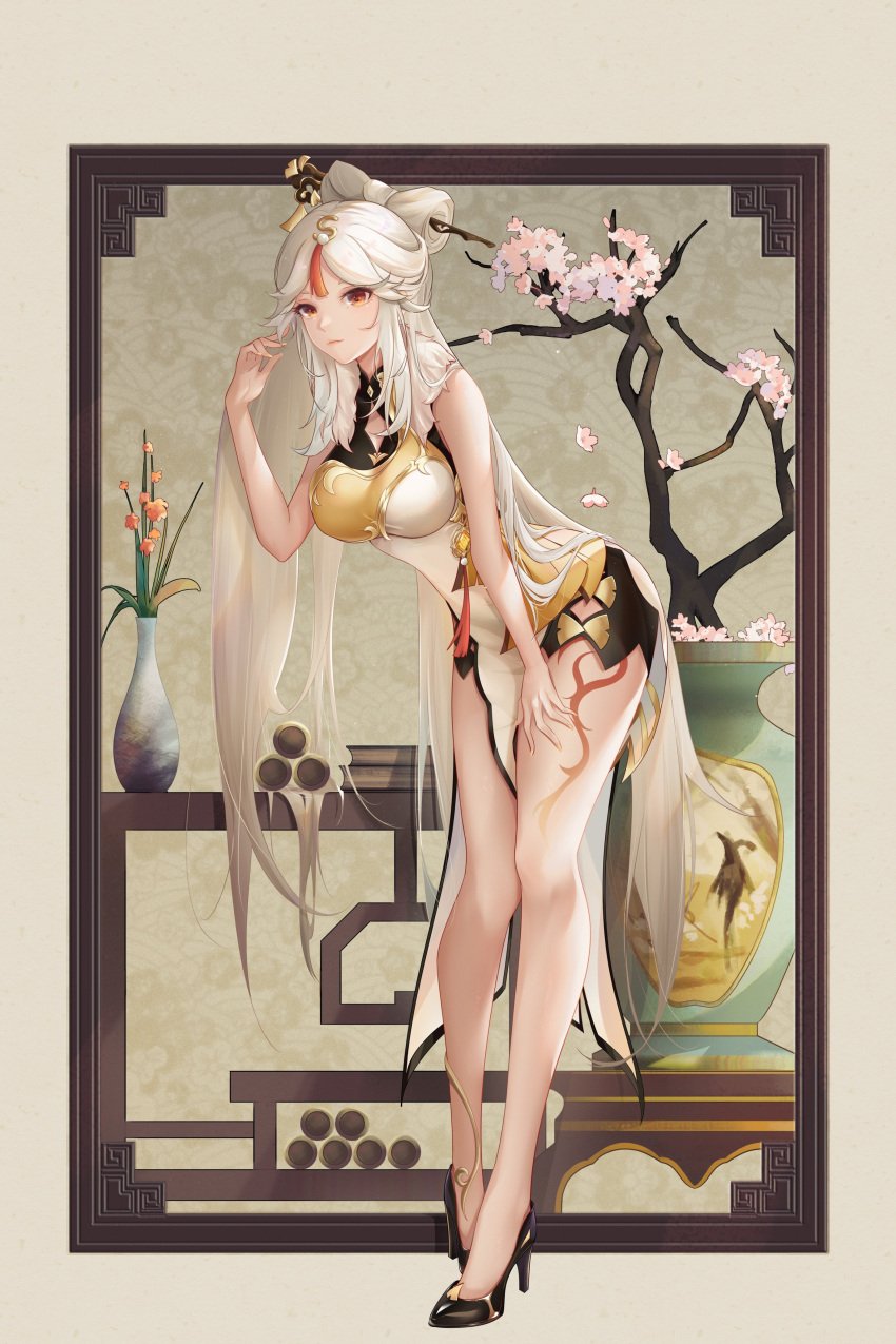 cherry_blossoms genshin_impact hair_ornament high_heels liao_(artist) light-skinned_female light_skin liu_liaoliao long_hair long_legs ningguang_(genshin_impact) plant scroll simple_background skinny smirk solo solo_female solo_focus tattoo white_hair