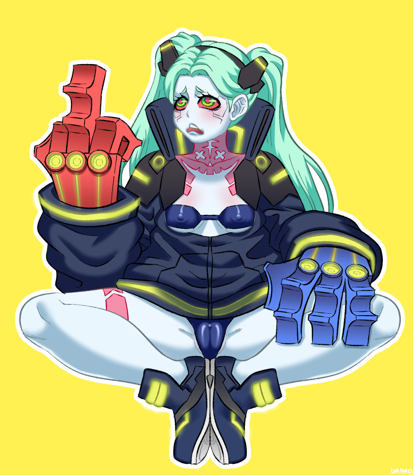 1girls body_markings breasts cameltoe cybernetics cyberpunk:_edgerunners cyberpunk_2077 cyborg daimo female female_only green_eyes middle_finger panties rebecca_(edgerunners) red_sclera robotic_arm small_breasts smaller_female thighs twintails yellow_background