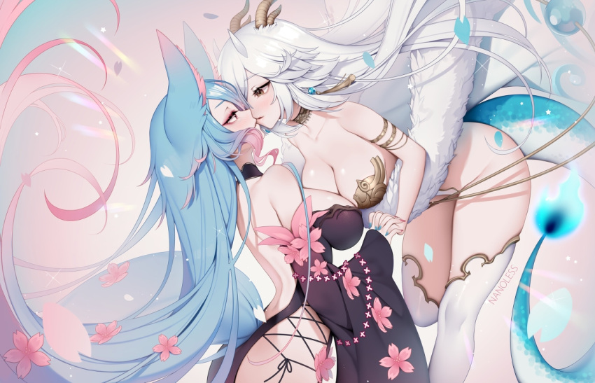 2girls animal_ears asymmetrical_docking breasts cleavage cute dress interlocked_fingers kissing nanoless romantic silvervale symmetrical_docking thighhighs veibae virtual_youtuber vshojo yuri