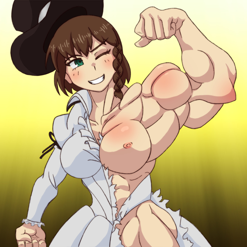 brown_hair charlotte_corday_(fate) fate/grand_order fate_(series) flexing green_eyes hat muscles muscular muscular_female one_breast_out rickmosier torn_clothes wink