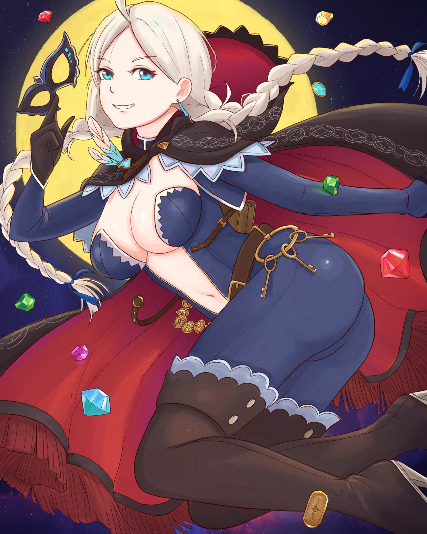 1girls absurdres ahoge alternate_costume ass bangs big_ass black_cape black_gloves blue_bodysuit bodysuit boots braid breasts cape capelet center_opening chains cleavage coin commission diamond_(gemstone) domino_mask earrings eye_mask female female_only fire_emblem fire_emblem_fates fire_emblem_heroes full_moon gem gloves gold_chain gold_coin high_heel_boots high_heels highres holding holding_mask hood hooded_cape jewelry key keyring leather_belt long_hair looking_at_viewer low_twintails mask mask_removed medium_breasts moon navel night nina_(fire_emblem) nina_(thief)_(fire_emblem) nintendo non-web_source official_alternate_costume parted_bangs partially_unzipped red_cape red_capelet skin_tight smile thigh_boots truejekart twin_braids twintails two-tone_bodysuit two-tone_cape