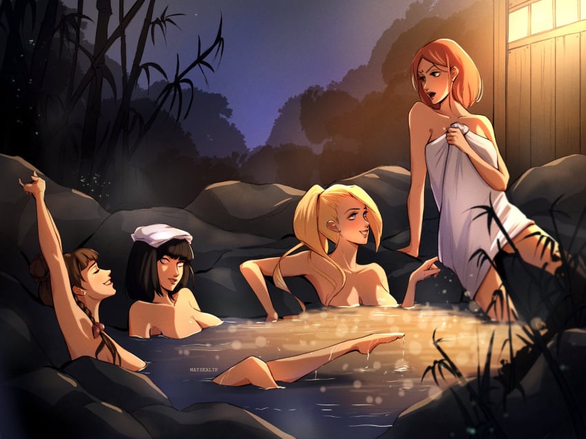 4girls bath bathing big_breasts black_hair blonde_hair boruto:_naruto_next_generations braid breasts brown_hair cleavage female female_only hot_spring hyuuga_hinata implied_yuri ino_yamanaka light long_hair mayskalih multiple_girls naruto naruto_(series) night nude onsen pink_hair ponytail rock sakura_haruno short_hair teasing tenten towel towel_only water