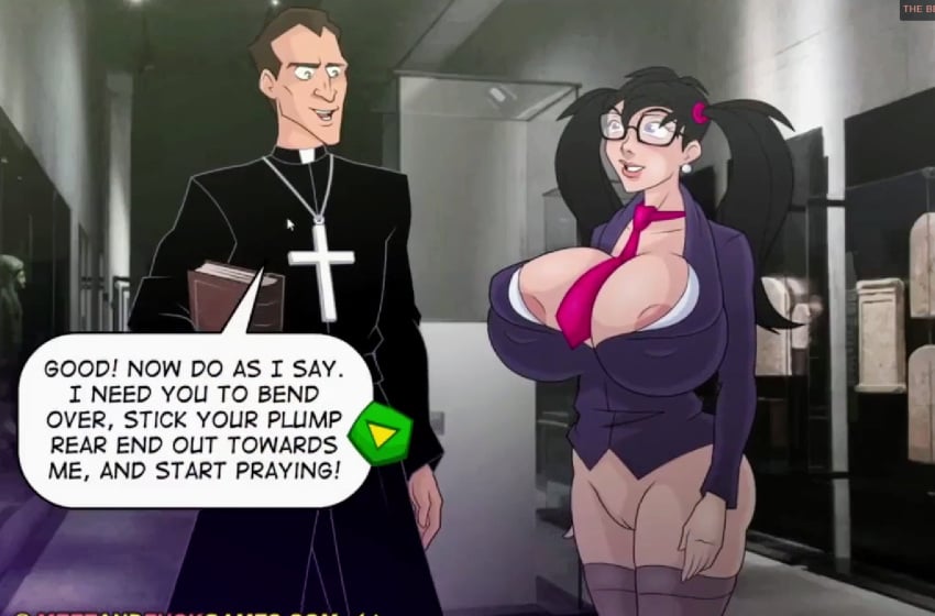 1boy 1girls bare_pussy big_breasts black_hair breasts dialogue female geek geek_girl_gwen glasses huge_breasts kosmos meet_'n'_fuck_games meet_and_fuck pantless priest purple_eyes pussy smiling tricking twintails