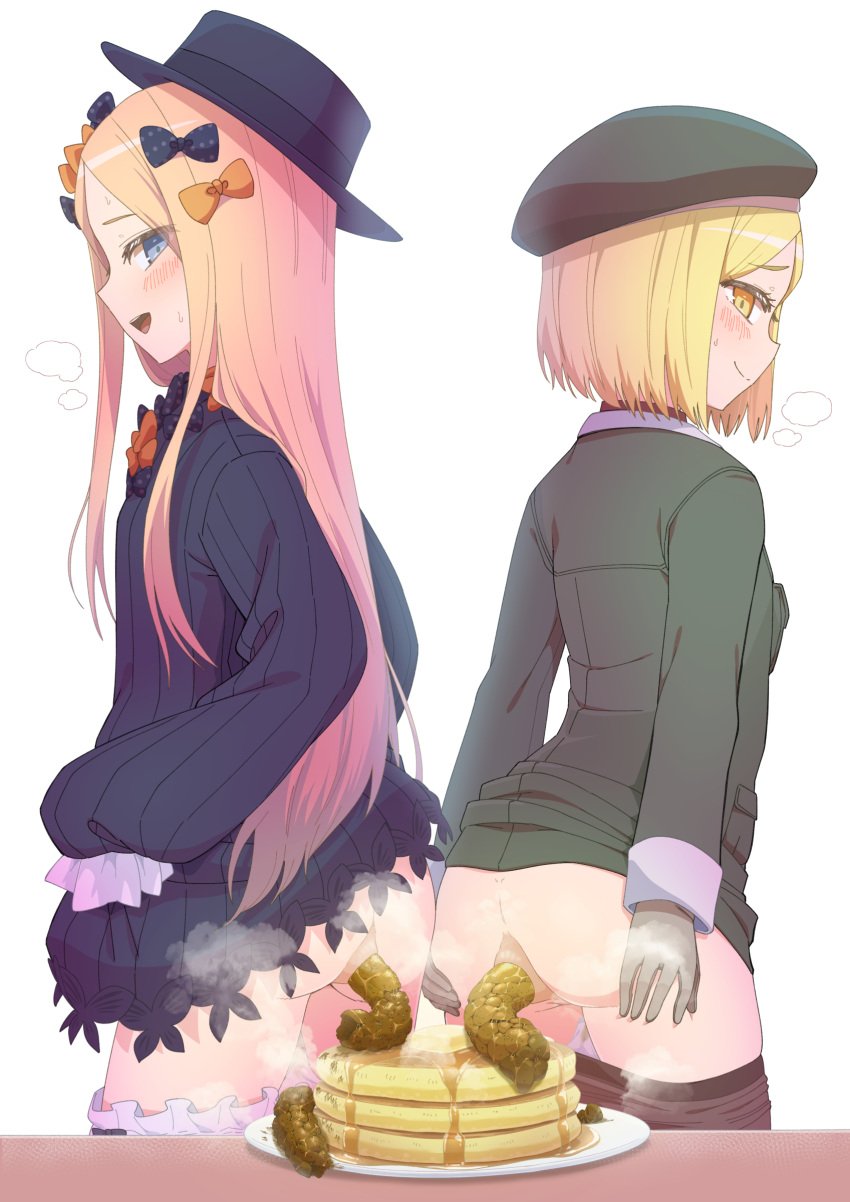 2girls a0midori abigail_williams_(fate/grand_order) ass asshole fate/grand_order fate_(series) female female_only fetish food inviting looking_at_viewer multiple_girls naughty_face pancake paul_bunyan_(fate/grand_order) pov ruining_food scat serving_feces serving_food yuri