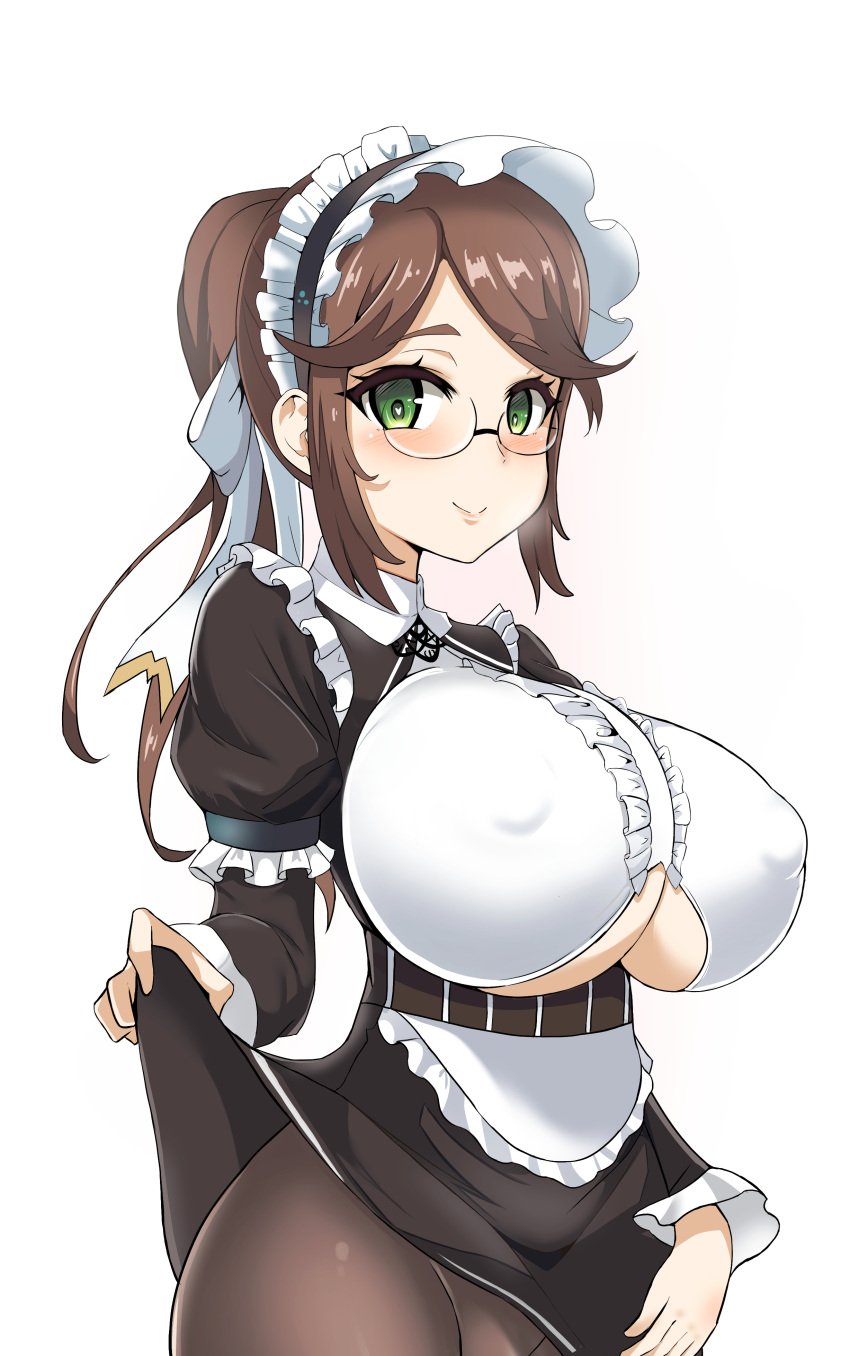 1girls asanagi_(style) black_legwear breasts brown_hair clothes_lift clothing_cutout constantia_s2 dress dress_lift glasses green_eyes heart heart-shaped_pupils highres huge_breasts kim_wang_jang last_origin light-skinned_female light_skin looking_at_viewer maid maid_headdress pantyhose ponytail symbol-shaped_pupils thighs underboob underboob_cutout