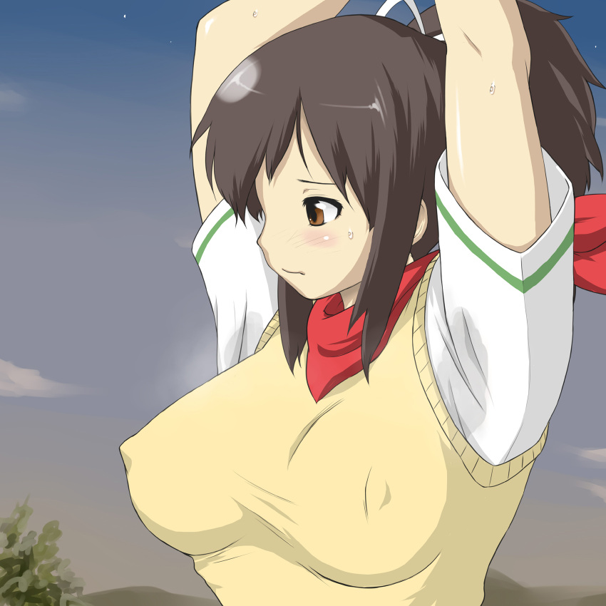 armpit_fetish armpit_sweat asuka_(senran_kagura) blush brown_hair erect_nipples_under_clothes red_scarf school_uniform schoolgirl senran_kagura sokonoawabi sweat sweat_stain sweatdrop sweater sweaty_armpits sweaty_clothes