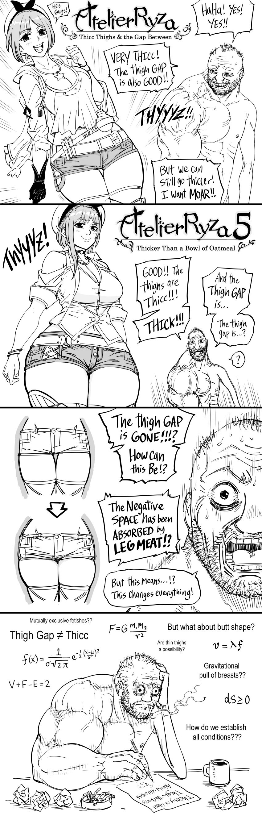 1boy 1girls ashtray atelier_(series) atelier_ryza balding bb_(baalbuddy) cigarette_butt cleavage coffee_mug comedy comic contemplating coomer copyright_name curvaceous curvy disbelief english_text equation female female_focus funny hips_wider_than_shoulders hourglass_figure legs_together math medium_breasts meme monochrome pencil reisalin_stout shocked shocked_expression short_shorts simple_background smile smoking smoking_cigarette speech_bubble stitched thick_thighs thigh_gap thinking trigonometry white_background wide_hips