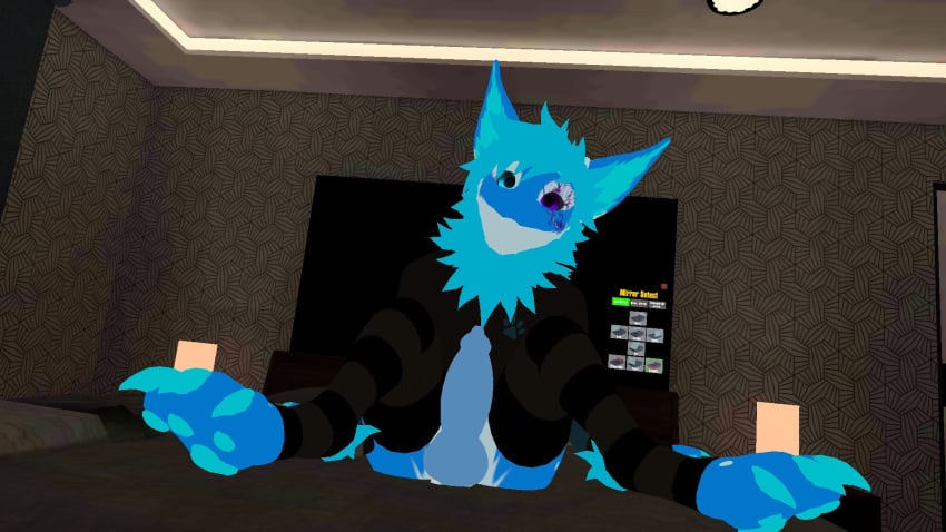 1boy blue_dick blue_eye blue_fur blue_hair blue_penis dick dragon dragon_cock dragon_penis fluffy furry head_tilt horny knot male male_only nardoragon paws penis purple_eye sitting sitting_on_bed solo thighhighs vrchat vrchat_avatar waiting white_fur yiff