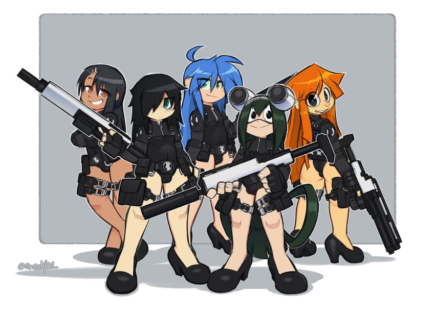 0r0ch1 5girls black_hair blue_eyes blue_hair brown_eyes clothed clothing female_focus female_only green_eyes green_hair hayase_nagatoro konata_izumi kuroki_tomoko long_hair lucky_star my_hero_academia orange_hair please_don't_bully_me,_nagatoro pose reggie_(twelve_forever) revealing_clothes simple_background smile standing tsuyu_asui twelve_forever watashi_ga_motenai_no_wa_dou_kangaetemo_omaera_ga_warui! watermark weapon white_background