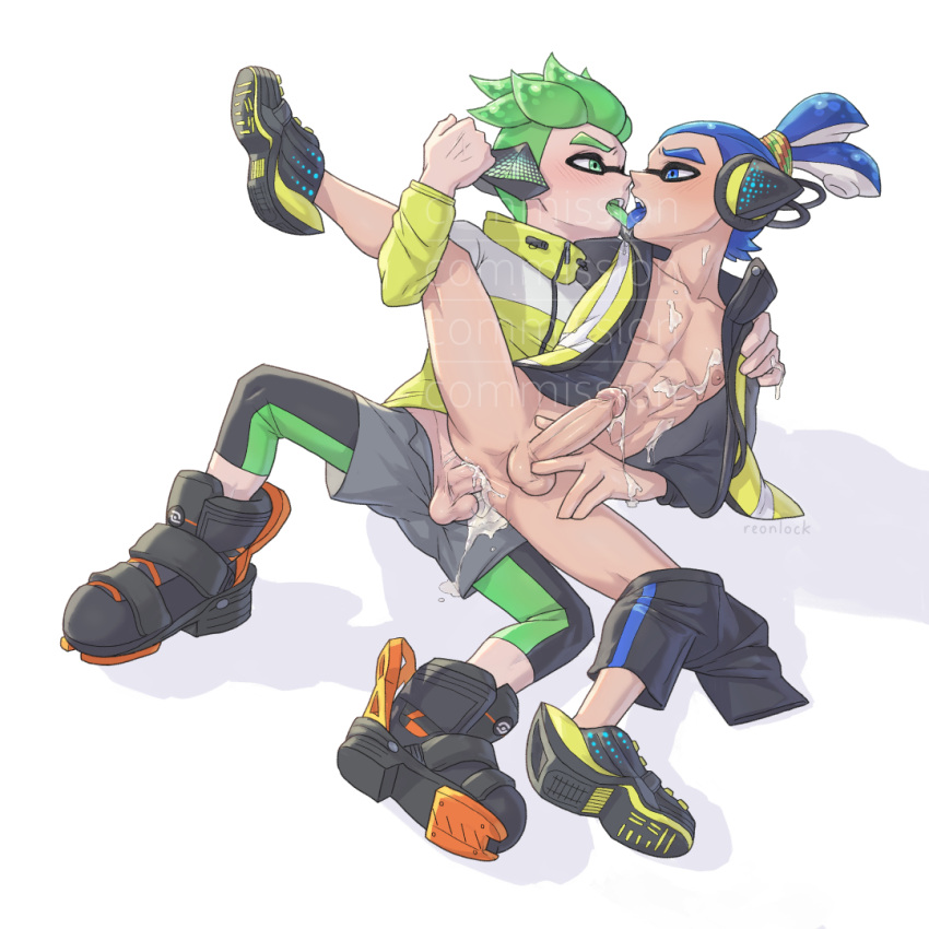 2boys abs agent_3_(splatoon) agent_4_(splatoon) anal anal_sex animal_humanoid athletic_male balls blue_hair blue_tongue bodily_fluids bottomwear bottomwear_around_one_leg cephalopod cephalopod_humanoid clothed clothed_sex clothing clothing_around_one_leg cum cum_drip cum_in_ass cum_inside cum_on_chest cum_on_hand cuttlefrsh_(splatoon) dripping duo ejaculation eye_contact footwear french_kissing gay genital_fluids genitals green_hair green_tongue hair headphones humanoid inkling inkling_boy jacket john_(splatoon) kissing looking_at_another male male/male male_agent_3_(splatoon) male_agent_4_(splatoon) male_only marine marine_humanoid mollusk mollusk_humanoid muscular muscular_male nintendo nipples penetration penis raised_leg reonlock safety_vest sex shoes shorts shorts_around_one_leg splatoon splatoon_2 spread_legs spreading tongue tongue_out topwear yaoi