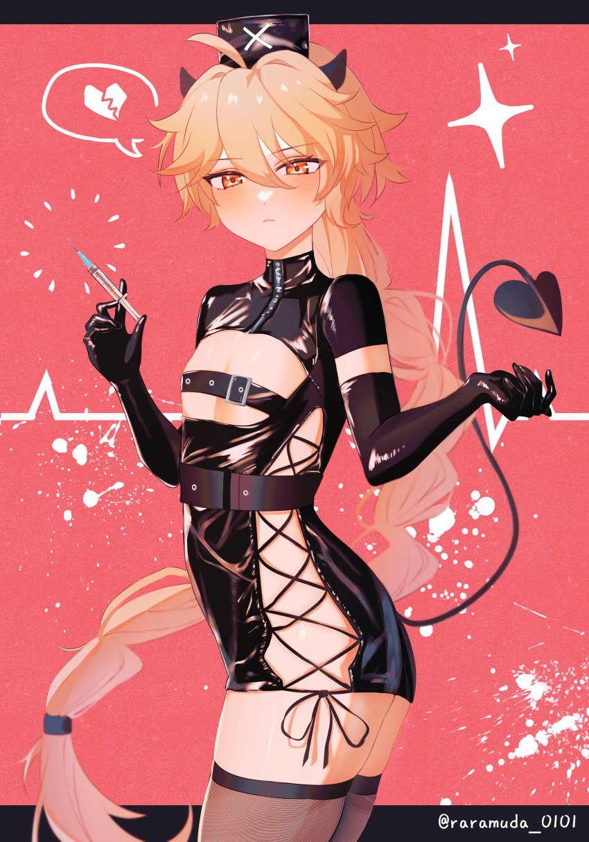 1boy aether_(genshin_impact) braid crossdressing dress femboy gay genshin_impact gloves golden_eyes horns latex latex_gloves long_hair male male_focus male_only nurse nurse_cap nurse_uniform power_bottom raramuda_0101 short_dress slim_waist slit solo subdom tail thick_thighs thighhighs twink yaoi