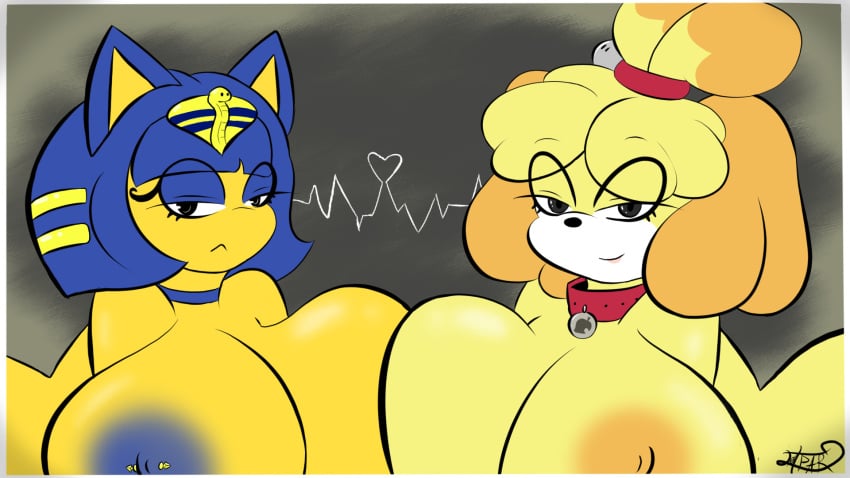 2022 2girls animal_crossing ankha asking_for_it big_breasts breast-to-breast breast_press breasts breasts_bigger_than_head choker collar eyelashes female female_only heart isabelle_(animal_crossing) looking_at_viewer looking_pleasured lotpar multiple_girls nintendo nipples