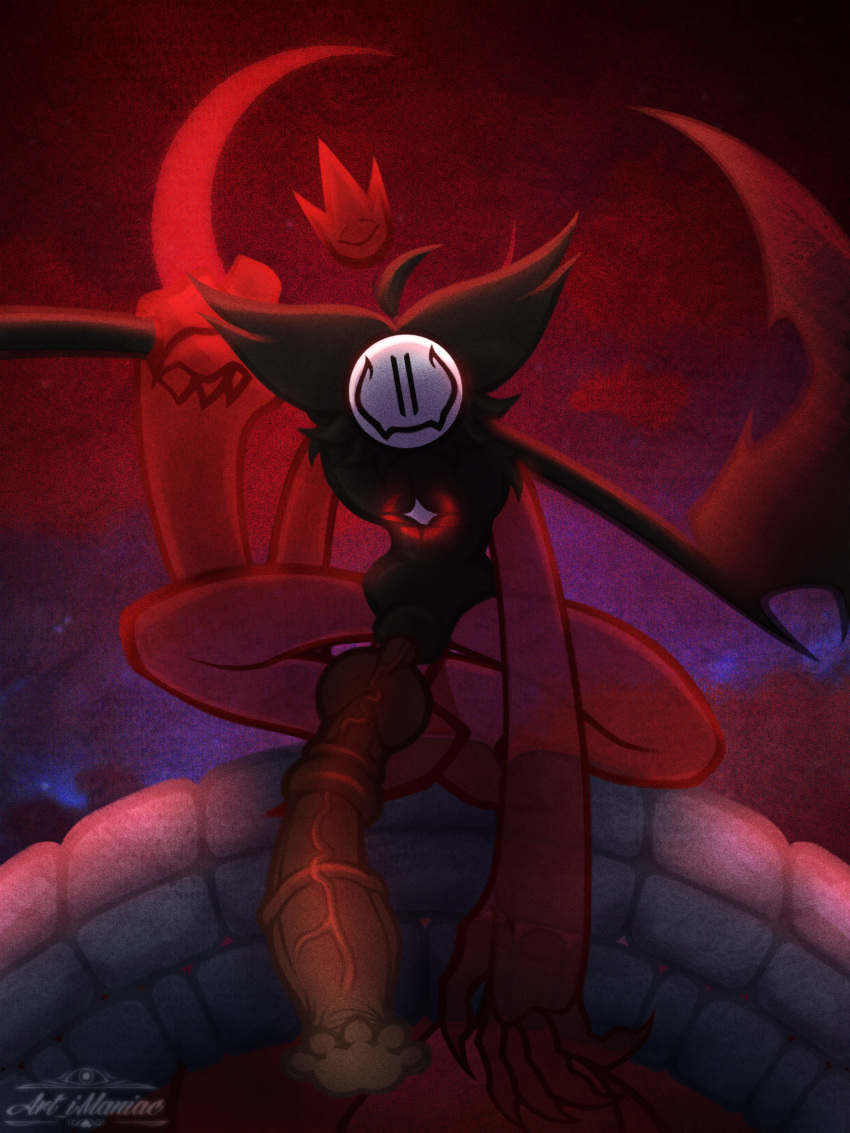 art_imaniac big_penis black_body black_fur bridge claws fur genitals hi_res huge_penis humanoid male melee_weapon moon noth_(art_imaniac) penis polearm red_crown red_limbs red_moon scythe solo unknown_species weapon white_mask