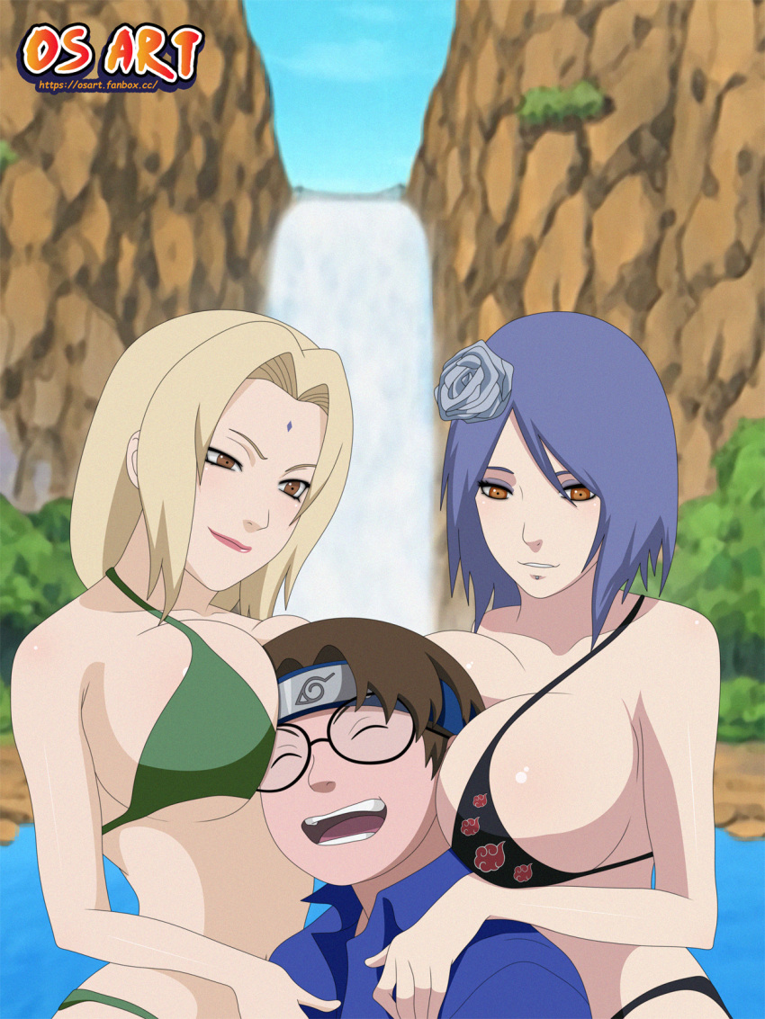 1boy 2girls adapted_costume age_difference bikini black-framed_glasses black_bikini black_swimsuit blonde_hair blue_hair blue_shirt brown_hair closed_eyes clothing female forehead_protector green_bikini green_swimsuit happy headband headwear height_difference high_resolution ise_udon konan konohagakure_symbol larger_female male multiple_girls naruto naruto_(series) naruto_shippuden ninja older_female os_art outdoors shirt size_difference smaller_male smile swimsuit taller_female tsunade water younger_male