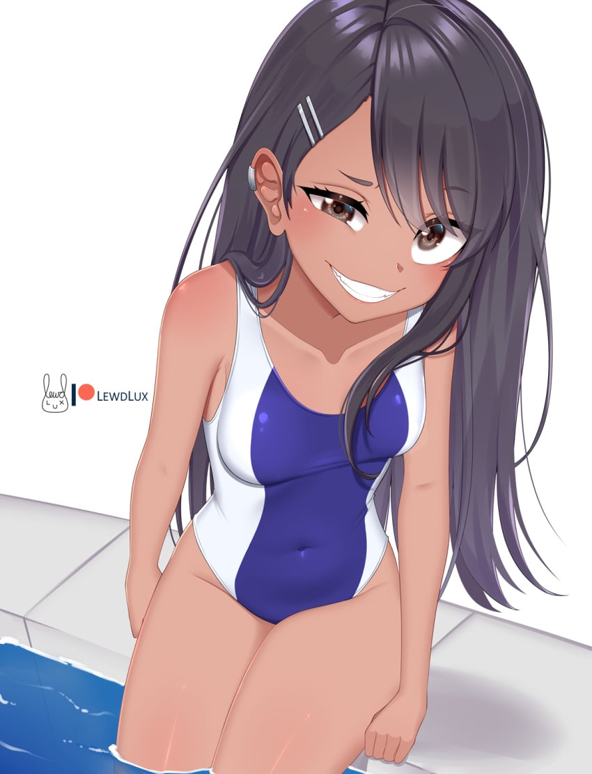 1girls black_hair breasts brown_eyes clothed clothing female_focus female_only hayase_nagatoro hi_res lewdlux long_hair looking_at_viewer navel please_don't_bully_me,_nagatoro pose revealing_clothes simple_background sitting small_breasts smile solo swimsuit tan tan_skin tanned watermark white_background