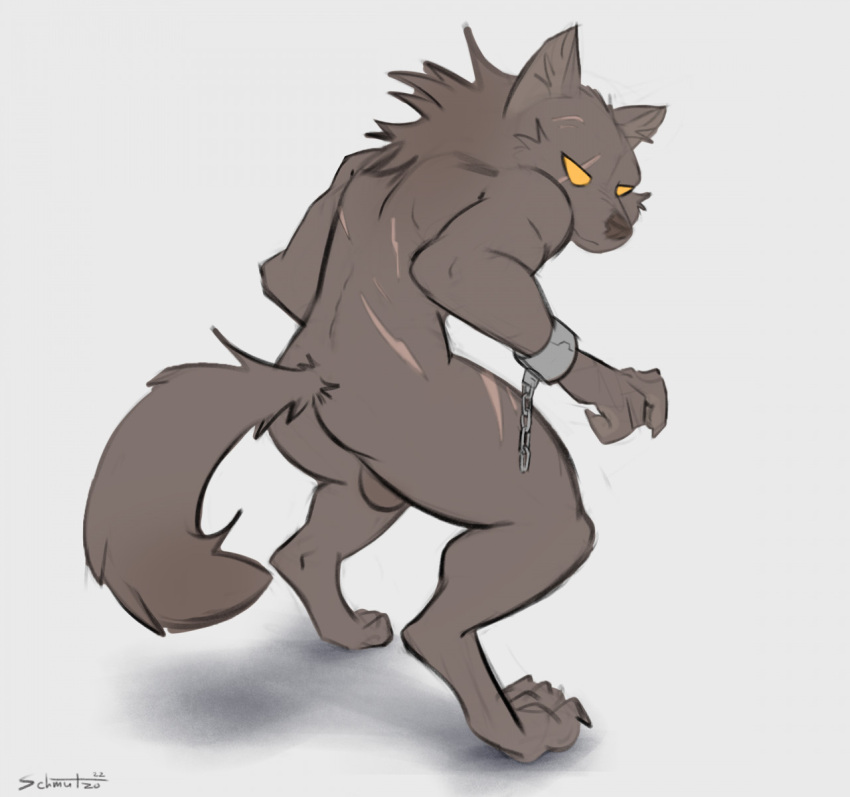 1boy 2022 anthro artist_signature ass backsack balls ballsack biped body_fur brown_body canine cheek_tuft claws digital_media_(artwork) digitigrade ear_tuft eye_scar facial_scar facial_tuft finger_claws fluffy_tail genitals grey_fur hi_res hunched_over looking_at_viewer male male_only mammal neck_tuft no_pupils nude_male scars schmutzo scrotum shackles_only shadow simple_background smile smirk solo testicles toe_claws tuft were werecanine werewolf white_background yellow_eyes yellow_sclera