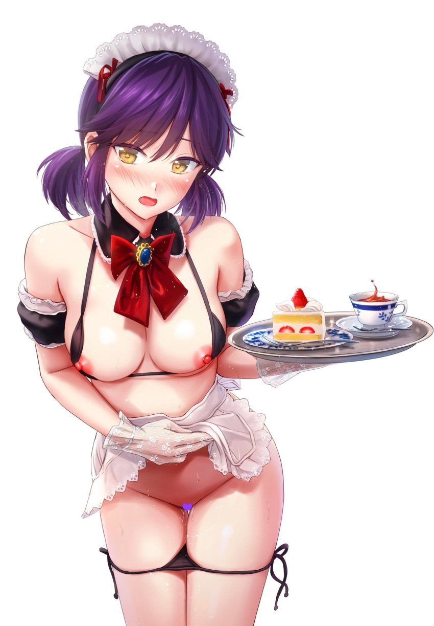 1girls apron apron_lift bangs black_bra black_panties bra breasts brooch cake cake_slice censored commentary cowboy_shot cup facing_viewer female food gloves heart heart_censor highres holding holding_tray jewelry lifted_by_self looking_at_viewer low_twintails maid maid_headdress medium_breasts medium_hair nipples open_mouth original panties panty_pull purple_hair reco_(fortunequest) saucer see-through_gloves short_twintails side-tie_panties simple_background solo standing sweat symbol-only_commentary teacup tray twintails underwear waist_apron white_apron white_background yellow_eyes