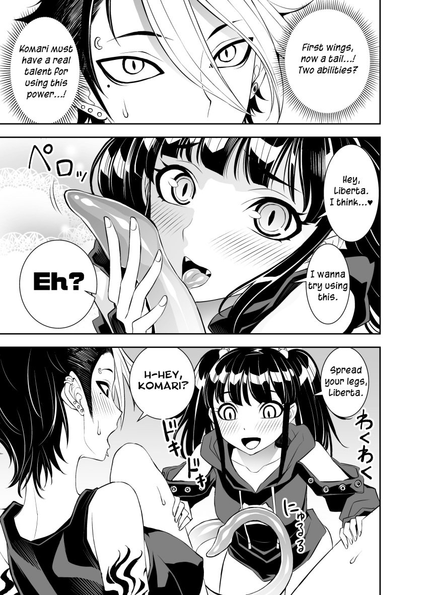 2022 black_and_white comic_page ear_piercing earrings english english_dialogue english_text eyebrow_piercing fangs imminent_sex komari_(liberta) liberta liberta_(series) licking_tail piercing prehensile_tail slit_pupils snakebite_piercing spreading_legs tatsubon tattoo translated two_tone_hair vampire