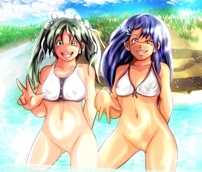 2girls black_hair blush bow breasts brown_eyes censored female_focus female_only flat_chest francesca_lucchini green_eyes green_hair half-dressed hayase_nagatoro hi_res long_hair looking_at_viewer navel nipples please_don't_bully_me,_nagatoro river simple_background sin-e small_breasts smile strike_witches swimsuit tan tan_skin tanned water