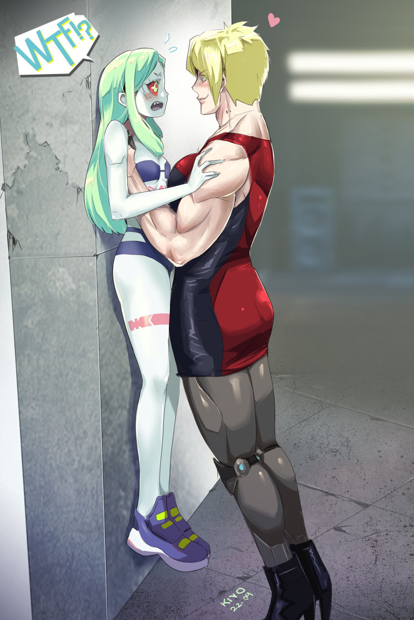 2girls ass_in_dress blonde_hair cyberpunk:_edgerunners cyberpunk_2077 dominant_female dorio_(edgerunners) female female_domination female_only femdom femsub flat_chest flat_chested green_eyes green_hair high_heel_boots how_to_talk_to_short_people kivonotbabu lezdom meme muscles muscular muscular_female rebecca_(edgerunners) red_eyes short_hair size_difference sneakers submissive_female yuri