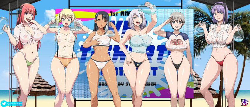 6girls areolae big_breasts bikini black_hair blonde_hair blue_eyes breasts brown_eyes cleavage clothed clothing curvy dagashi_kashi detailed_background english_text female_focus female_only go-toubun_no_hanayome green_eyes hayase_nagatoro hi_res hoshizaki_rika kanojo_mo_kanojo long_hair looking_at_viewer magical_sempai medium_breasts medium_hair multiple_girls nakano_nino navel nipples open_mouth pink_hair please_don't_bully_me,_nagatoro pose red_hair revealing_clothes salute shidare_hotaru short_hair side_by_side_position silver_hair smile stormfeder tan tan_skin tanline tanned text uzaki-chan_wa_asobitai! uzaki_hana watermark white_hair wide_hips wink