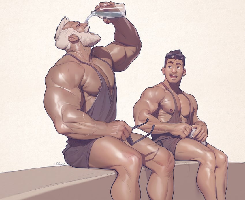 2boys boyfriends clothed daddy drinking_water male male_only muscles muscular muscular_male silverjow twitter_user_oc ulric_(silverjow) wei_(silverjow)