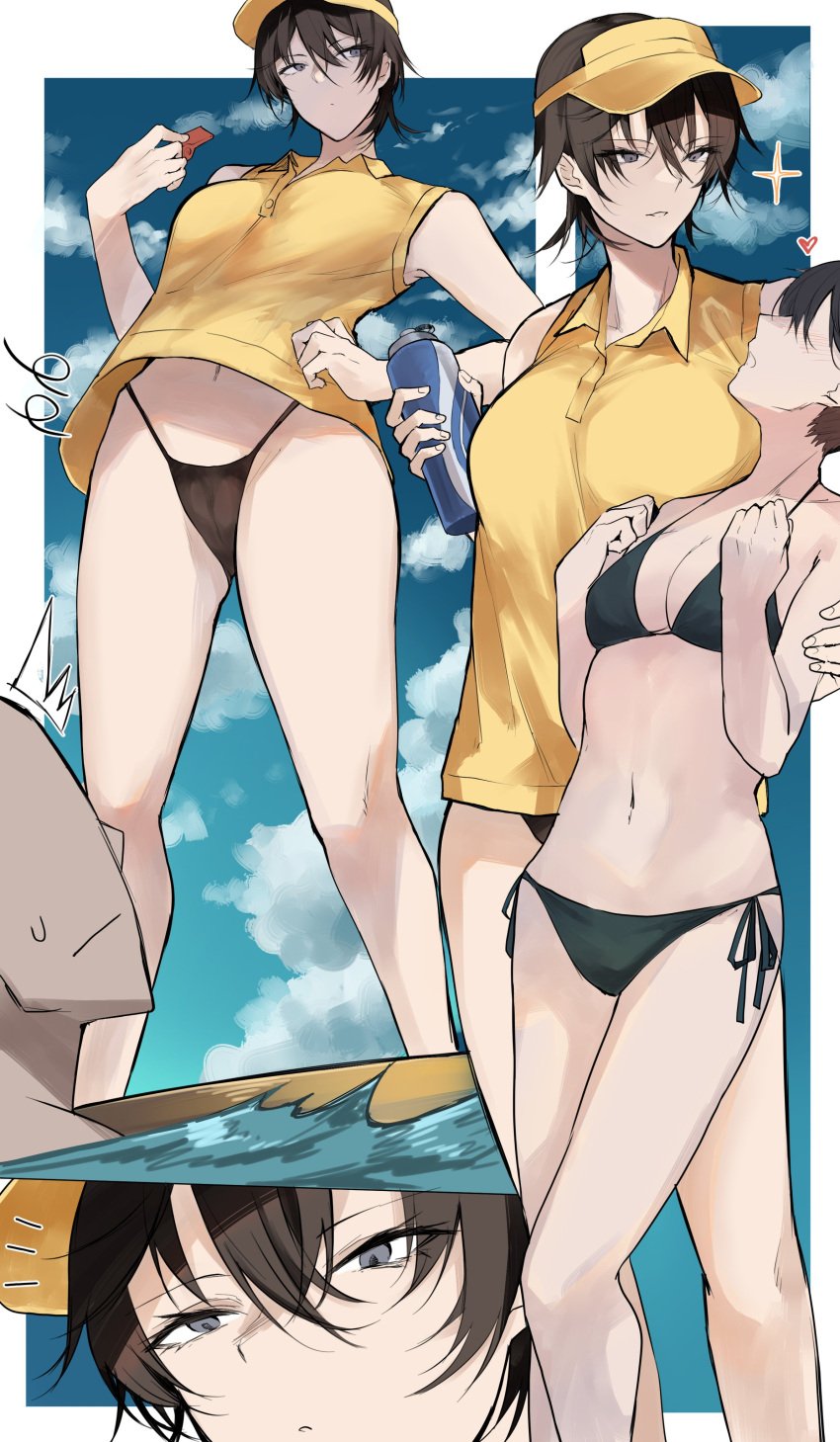 1boy 1girls 2girls belly belly_button big_breasts bikini bikini_bottom blush blushing breasts female hat legs lifeguard lifting_shirt male okyou short_hair swimsuit swimsuit_under_clothes swimwear tagme thick thick_legs thick_thighs thighs thin tomboy tummy very_short_hair water_bottle whistle whistle_(object)