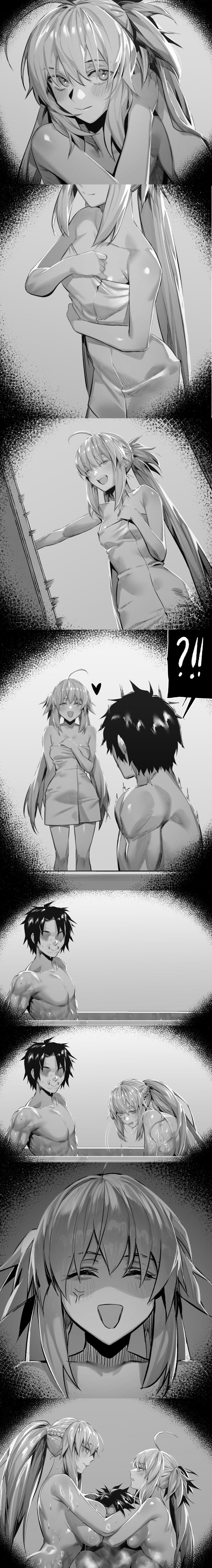 1boy 2girls absurd_res anger_vein artoria_caster_(fate) artoria_pendragon_(caster) bangs bathing bathtub big_breasts blush braid breasts closed_eyes eye_contact fate/grand_order fate_(series) female french_braid fujimaru_ritsuka_(male) girl_sandwich greyscale highres hug hxd indoors large_breasts licking_lips long_hair long_image male medium_breasts monochrome morgan_le_fay_(fate) ponytail shaded_face short_hair small_breasts smile tongue towel twintails tying_hair very_long_hair