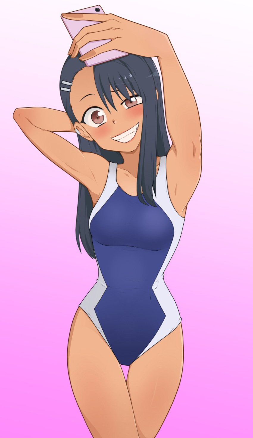 1girls black_hair blush breasts brown_eyes clothed clothing earrings female_focus female_only hayase_nagatoro hi_res long_hair looking_at_viewer phone please_don't_bully_me,_nagatoro pose revealing_clothes rodjim selfie simple_background small_breasts smile solo standing swimsuit tan tan_skin tanned