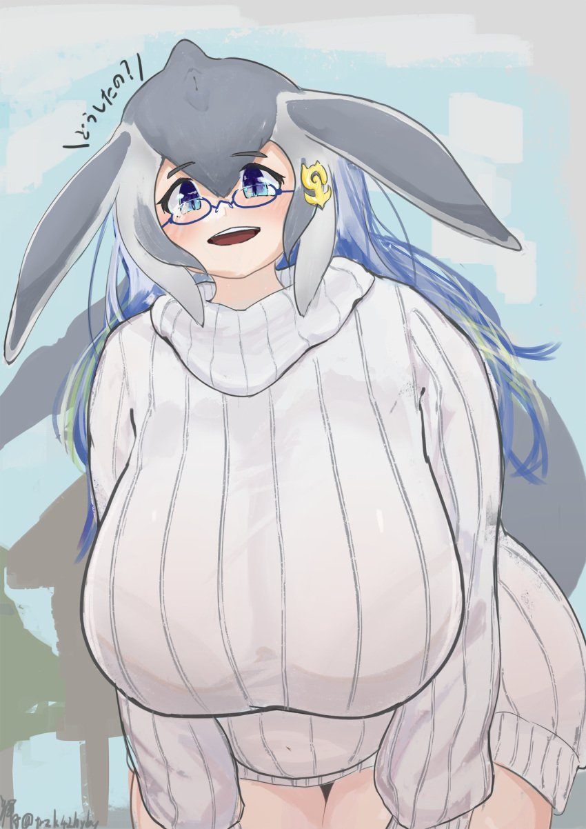 1girls bent_over big_breasts blue_eyes blue_whale_(kemono_friends) breasts female female_only glasses huge_breasts kemono_friends looking_at_viewer solo sweater teruduki