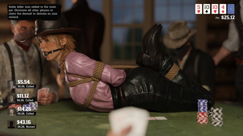 3d ball_gag blonde_hair bondage bound cowgirl gag gagged game_hud hogtie hogtied male poker poker_table red_dead_redemption_(series) red_dead_redemption_2 restrained rindekey rope rope_bondage sadie_adler tied_up unseen_male_face