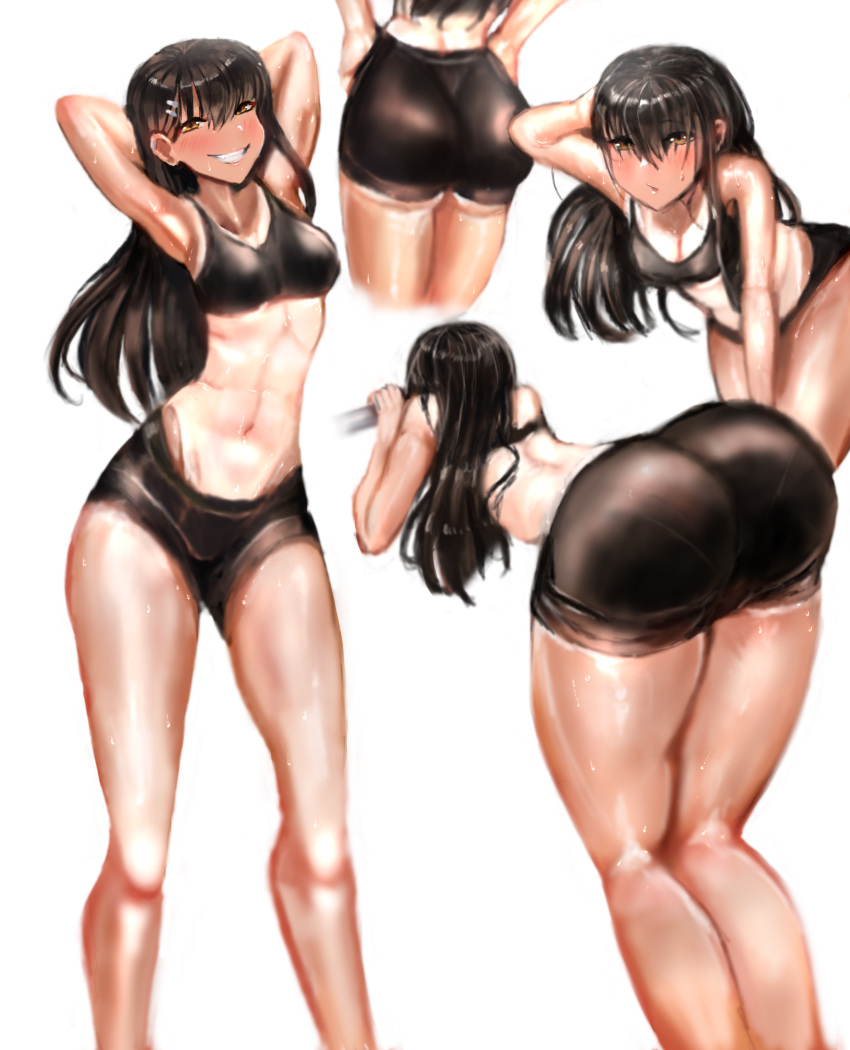 1girls ass big_ass black_hair blush breasts brown_eyes clothed clothing female_focus female_only hayase_nagatoro hi_res long_hair looking_at_viewer natsuwatch_(artist) navel please_don't_bully_me,_nagatoro pose revealing_clothes simple_background small_breasts solo sports_bra sportswear tan tan_skin tanline tanned white_background