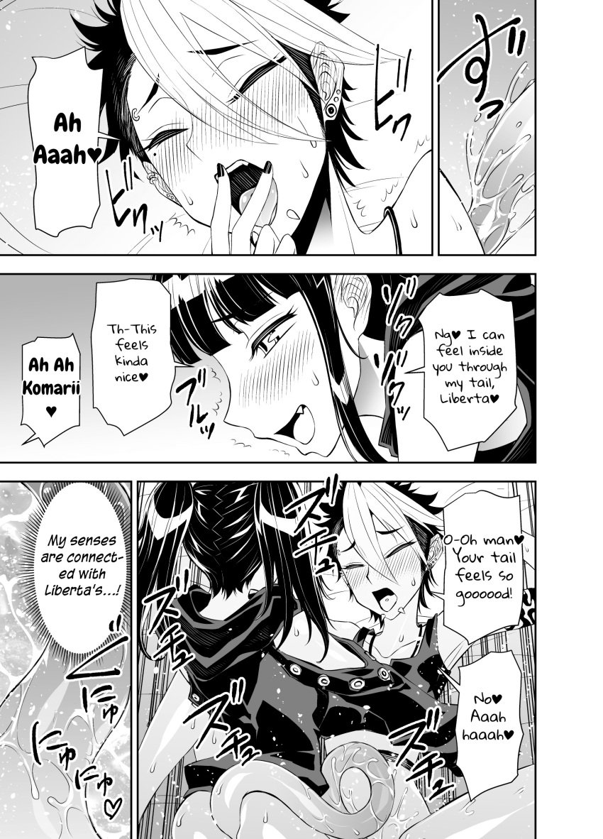 2022 black_and_white comic_page ear_piercing earrings english english_dialogue english_text eyebrow_piercing fangs komari_(liberta) liberta liberta_(series) piercing prehensile_tail slit_pupils snakebite_piercing spreading_legs tail_sex tatsubon tattoo translated two_tone_hair vampire