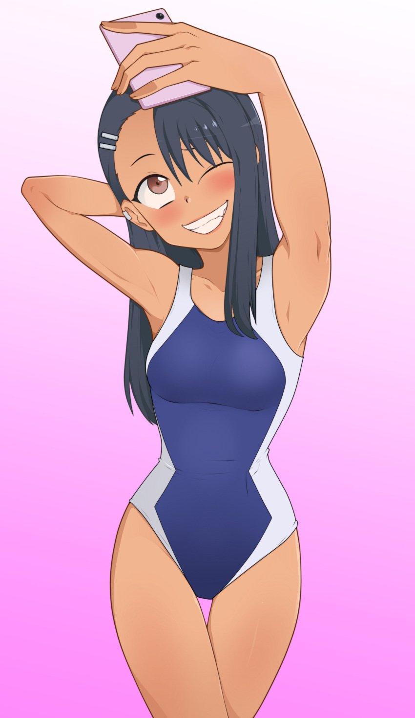 1girls black_hair blush breasts brown_eyes clothed clothing earrings female_focus female_only hayase_nagatoro hi_res long_hair looking_at_viewer phone please_don't_bully_me,_nagatoro pose revealing_clothes rodjim selfie simple_background small_breasts smile solo standing swimsuit tan tan_skin tanned wink