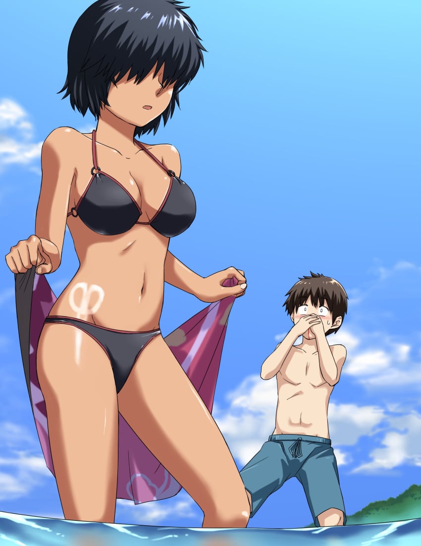 1boy 2012 absurd_res bikini black_hair blood cloud color dark_skin day duo female hands_on_own_face male nazo_no_kanojo_x nosebleed ocean short_hair shorts sky sun_tattoo sweatdrop swimsuit tanlines tanned towel tsubaki_akira tsukiyo_michi urabe_mikoto water wet wet_hair