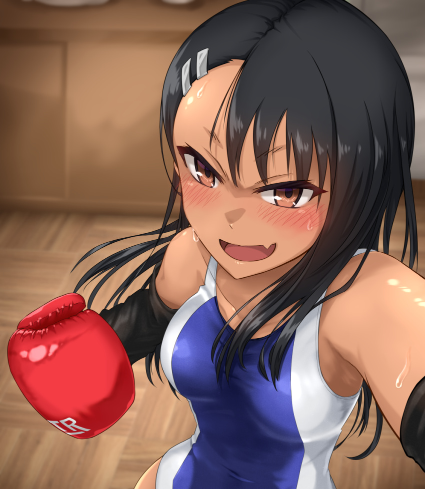 1girls black_hair boxing_gloves breasts brown_eyes cleavage clothed clothing female_focus female_only gloves hayase_nagatoro hi_res long_hair looking_at_viewer medium_breasts navel nm_(tshell2761) open_mouth please_don't_bully_me,_nagatoro pose red_boxing_gloves red_gloves revealing_clothes simple_background small_breasts smile solo sweat swimsuit tan tan_skin tanned