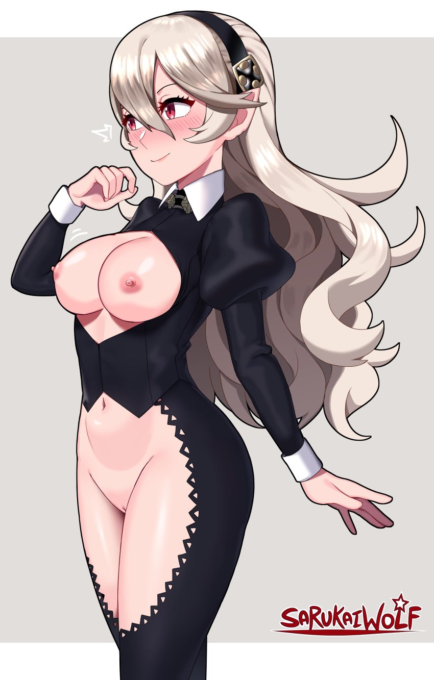 1girls absurd_res areolae bare_thighs blush boob_window breasts breasts_out confident corrin_(fire_emblem) corrin_(fire_emblem)_(female) crotchless edit female female_only fire_emblem fire_emblem_fates functionally_nude functionally_nude_female hairband inner_thighs nintendo nipples nude nude_female open_clothes open_shirt pussy red_eyes sarukaiwolf smile solo thighs third-party_edit useless_clothing white_hair