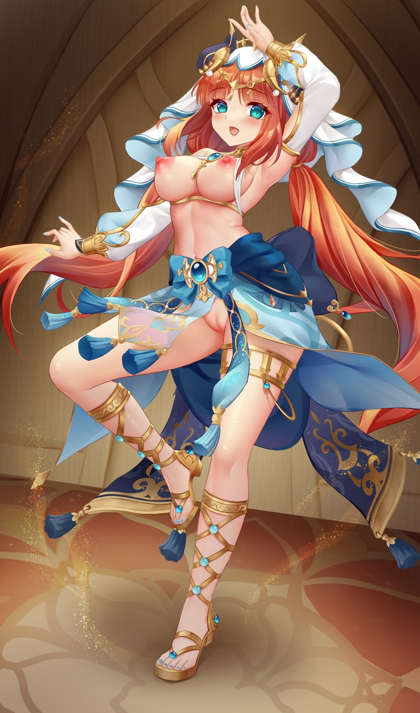 :d absurd_res absurdres aqua_eyes arm_up armpits bangs blue_bow blue_nail_polish blue_nails blue_skirt blush bow breasts breasts_out brooch censored circlet contrapposto crop_top dancer detached_sleeves feet female floating_hair forehead_jewel full_body gavin007 genshin_impact gladiator_sandals gold_footwear gold_trim hand_on_own_head headdress hi_res highres horns indoors jewelry leg_up legs linea_alba long_hair long_hair_female long_sleeves low_twintails medium_breasts middle_eastern_clothing mosaic_censoring nail_polish navel neck_ring nilou_(genshin_impact) nipples one_eye_closed open_mouth parted_bangs pelvic_curtain persian_clothing puffy_long_sleeves puffy_sleeves pussy red_hair sandals shirt sideboob skirt sleeveless sleeveless_shirt smile standing standing_on_one_leg stomach swana_clothing tassel thighlet thighs toenail_polish toenails toes twintails vambraces veil vision_(genshin_impact) white_headdress white_shirt