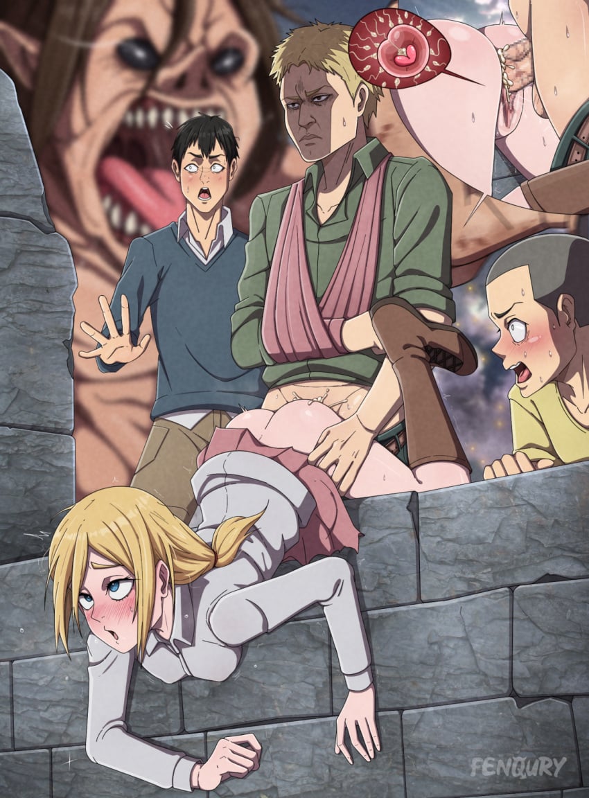 3boys all_fours attack_on_titan bent_over bertolt_hoover blonde_hair blue_eyes blush censored christa_lenz clothed clothed_sex clothing connie_springer cum cum_in_pussy cum_inside cumming doggy_style exhibitionism female_penetrated fenqury fertilization from_behind historia_reiss impregnation interspecies marleyan_and_eldian mosaic_censoring mostly_clothed ovum pleasure_face reiner_braun rolling_eyes sex shingeki_no_kyojin taken_from_behind vaginal_penetration waist_grab ymir_(shingeki_no_kyojin)