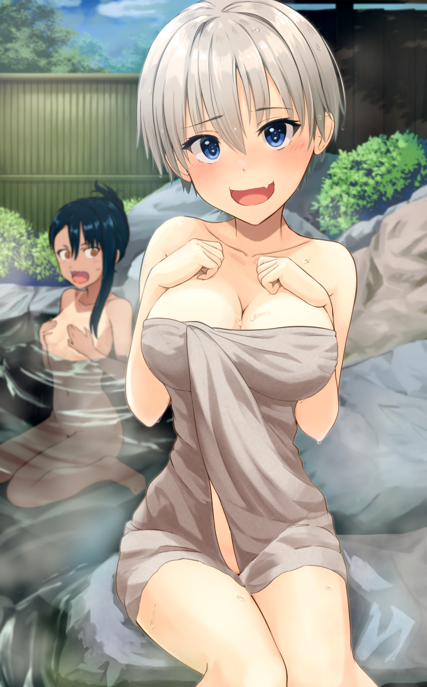 2girls big_breasts black_hair blue_eyes blush breast_envy breasts brown_eyes cleavage detailed_background female_focus female_only grey_hair hayase_nagatoro hi_res hot_spring k3rd long_hair looking_at_viewer multiple_girls navel nude onsen please_don't_bully_me,_nagatoro short_hair sitting small_breasts smile tan tanline tanned uzaki-chan_wa_asobitai! uzaki_hana very_short_hair