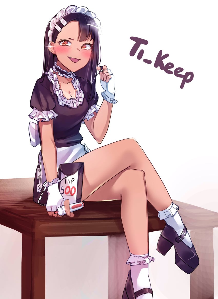 1girls black_hair breasts brown_eyes clothed clothing english_text female_focus female_only hayase_nagatoro hi_res long_hair looking_at_viewer maid maid_headdress maid_uniform open_mouth please_don't_bully_me,_nagatoro pose revealing_clothes simple_background sitting small_breasts smile solo tan tan_skin tanline tanned text ti_keep watermark white_background