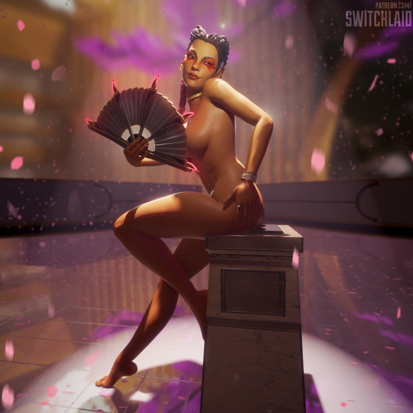 1girls 3d 3d_(artwork) apex_legends covering_nipples dark-skinned_female dark_skin fan feet female female_only hand_on_breast hand_on_own_breast highres iphone latina loba loba_(apex_legends) paper_fan podium respawn_entertainment selfie switchlaid tattoo tongue_out topless two_tone_hair war_fan