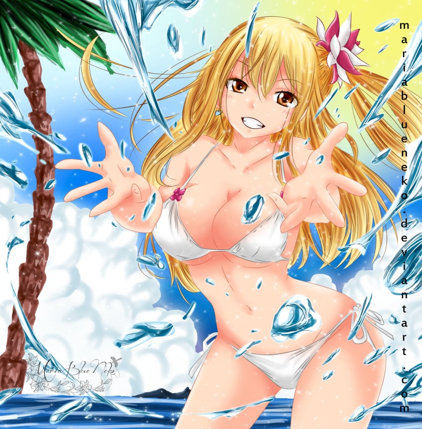 beach blonde_hair cleavage fairy_tail flower_in_hair hazel_eyes huge_breasts long_hair lucy_heartfilia mariablueneko palm_tree seaside