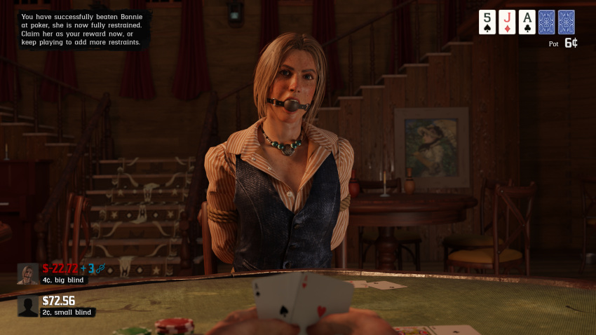 3d ball_gag blonde_hair bondage bonnie_macfarlane bound female gagged game_hud poker poker_table red_dead_redemption red_dead_redemption_(series) red_dead_redemption_2 restrained rindekey rope rope_bondage