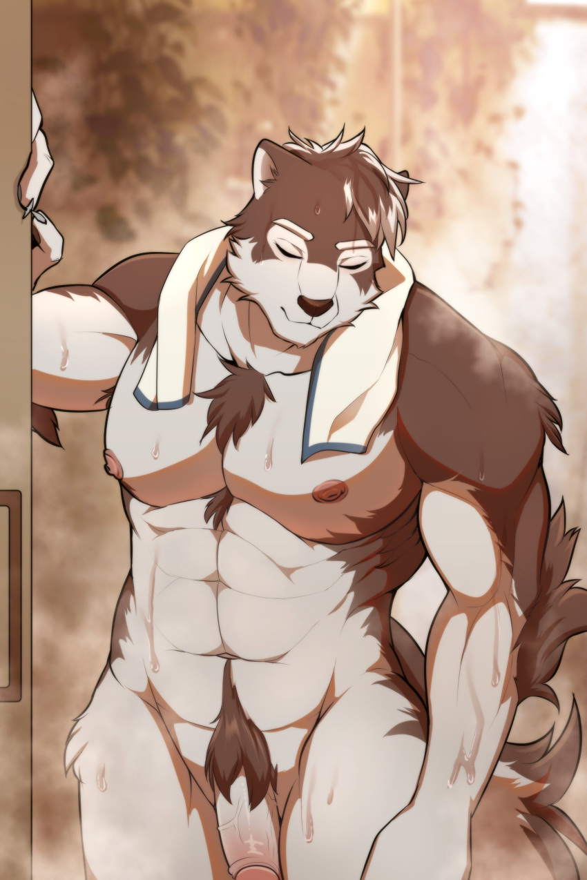 abs absurd_res anthro balls canid canine canis closed_eyes flaccid fur genitals grey_body grey_fur hi_res horkeukamui kuroikiri lifewonders male male_only mammal muscular muscular_anthro muscular_male nipples nude oybes pecs penis shower solo tokyo_afterschool_summoners video_games wolf