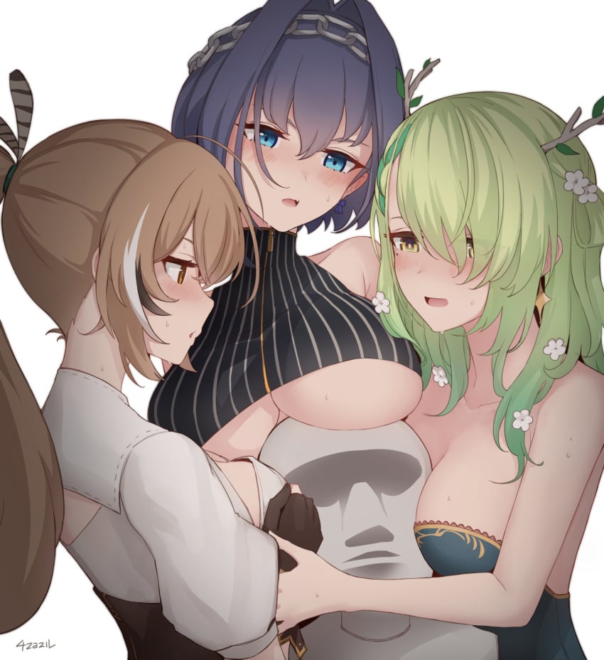 1boy 3girls 4zazil ahoge antlers bangs blue_eyes blue_hair blush braid braided_bangs breasts brown_eyes brown_hair ceres_fauna cleavage collarbone feather_hair_ornament feathers flower green_hair hair_ornament highres hololive hololive_english hololive_english_-council- hololive_english_-promise- large_breasts long_hair medium_breasts moai mole mole_under_eye multiple_girls nanashi_mumei oerba_yun_fang ouro_kronii short_hair skin_fang underboob virtual_youtuber yellow_eyes