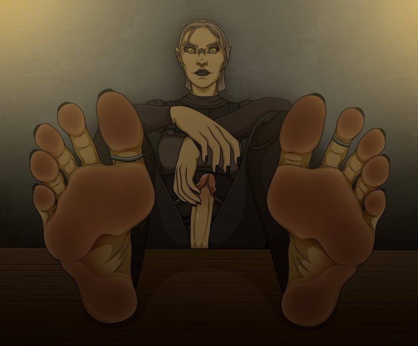 1futa altmer big_penis black_lipstick black_nails dominant dominant_female elf elf_ears erect_penis erection feet feet_on_table feetartist focus foot_fetish foot_focus futa_only futanari futanari looking_at_viewer original original_character piercing pov soles solo solo_focus solo_futa tease the_elder_scrolls the_elder_scrolls_online toe_ring toes yellow_body