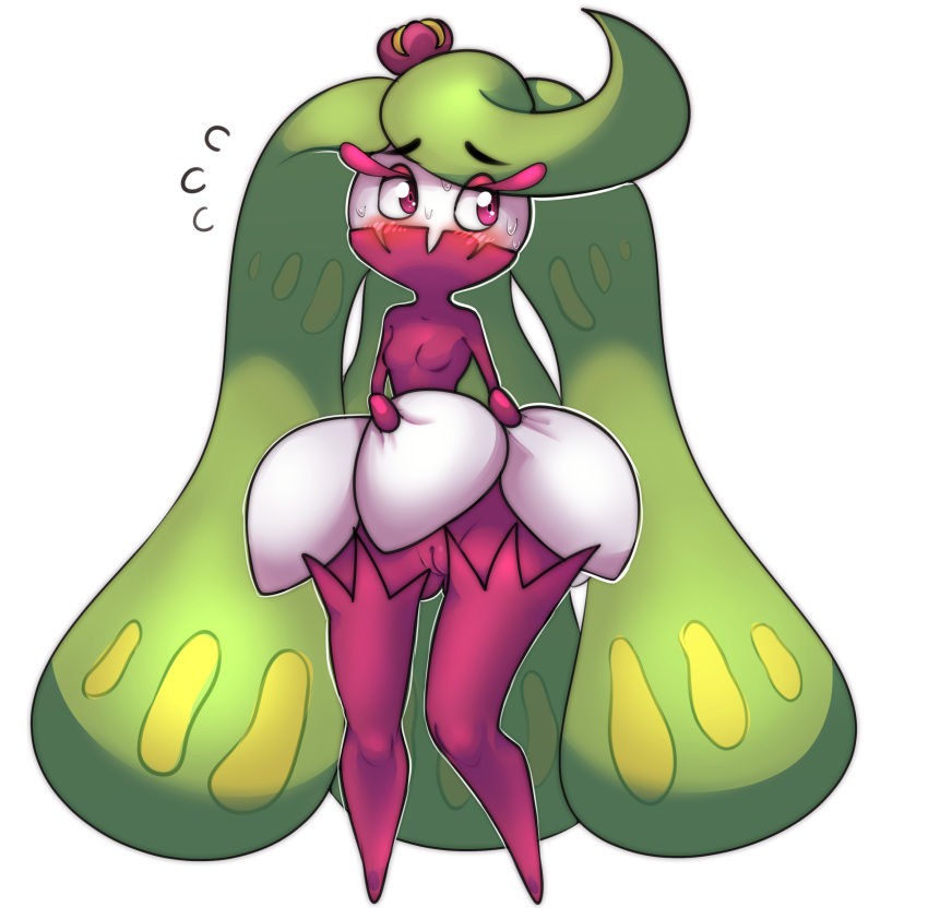 absurd_res big_hair blonde_hair blush blush_lines bodily_fluids bottomwear breasts clitoris clothed clothing clothing_lift curvaceous curvy_figure elemental_creature eyelashes female flora_fauna game_freak generation_7_pokemon genitals glistening glistening_eyes glistening_genitalia glistening_hands glistening_pussy green_hair hair hi_res humanoid long_hair looking_away mammal mitten_hands multicolored_body multicolored_hair narrowed_eyes nervous nintendo pink_body pink_eyelashes pink_eyes plant plump_labia pokemon pokemon_(species) pokemon_sm pose presenting presenting_pussy pussy raised_bottomwear raised_clothing raised_skirt ranillopa red_blush shaded shy simple_background skirt skirt_lift small_breasts small_top_big_bottom solo standing sweat sweaty_face thick_thighs topwear tsareena video_games voluptuous white_body wide_hips