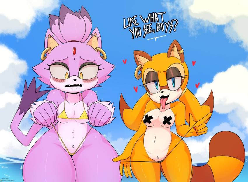 2girls aged_up anthro beach bedroom_eyes berkthejerk bikini blaze_the_cat blush breasts cross_pasties dialogue domestic_cat ear_piercing earrings feline female female_only half-closed_eyes looking_at_viewer marine_the_raccoon ocean open_mouth pasties piercing raccoon sega small_breasts sonic_(series) sonic_the_hedgehog_(series) talking_to_viewer text thick_thighs thunder_thighs tongue tongue_out water wide_hips