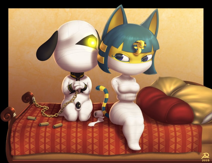 animal_crossing ankha ankha_(animal_crossing) anthro balls bed bondage bound breasts canid canine canis chain_leash chained_to_bed chains chastity_cage chastity_device collar domestic_cat domestic_dog duo felid feline felis female furniture genitals hi_res kneeling leash lucky_(animal_crossing) male male/female mammal mummification mummy_wrappings nintendo one_eye_obstructed pillow radasus sitting video_games